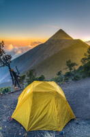 campsite at Acatenango with view to the active volcano Fuego
